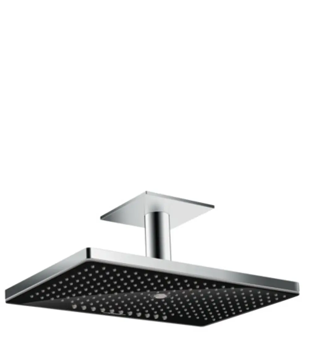 Deckenmontierte Kopfbrause in Schwarz/Chrom von Hansgrohe mit quadratischer Form und einer gleichmäßigen Anordnung von Düsen auf der Unterseite.